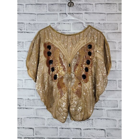 Vintage Gold Sequin Silk Butterfly Poncho Shirt V Neck Size Large Made In India - Picture 3 of 5